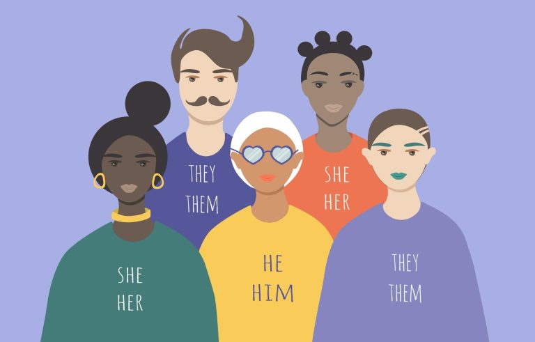 An illustration showing a group of human figures wearing colorful shirts with pronouns written on them | Sexual Orientation & Identity