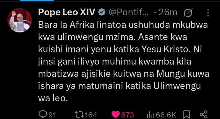 Pope Leo XIV message on X platform in Swahili